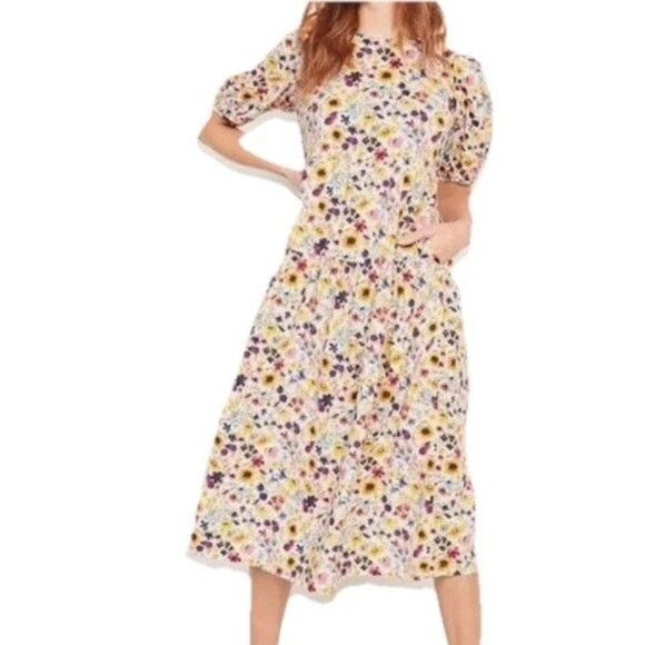 Old Navy Size L Wildflower Floral Puff Sleeve Tiered Pockets Midi Swing Dress - Picture 1 of 16